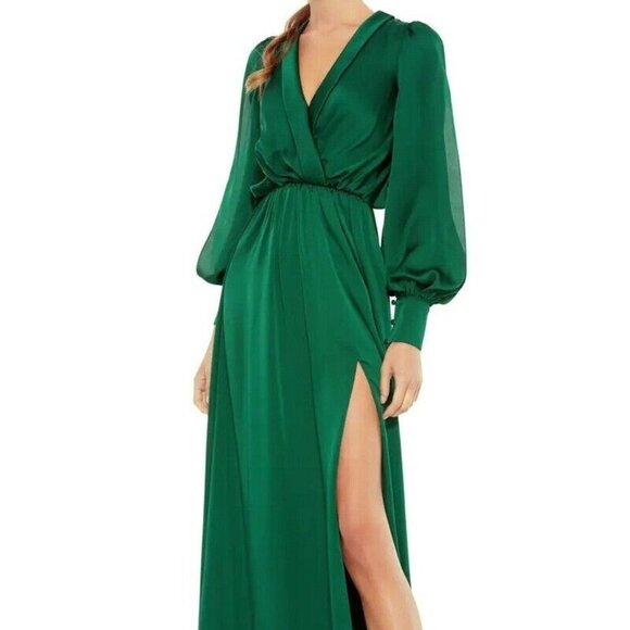 Mac Duggal Deep Emerald Green Split Long Sleeve Faux Wrap Satin Gown - Picture 1 of 4